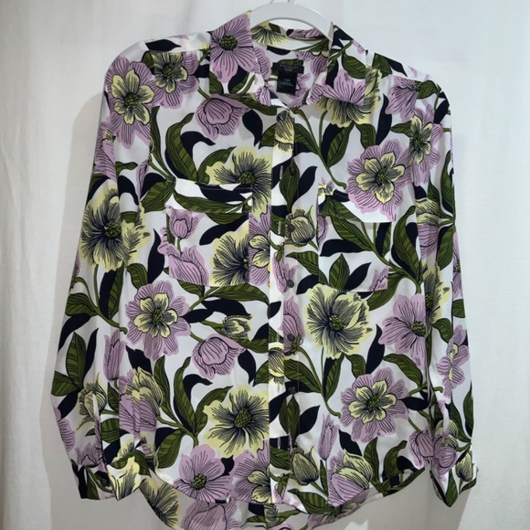 Ann Taylor button front blouse Sz XSP floral button cuff chest pockets - Picture 2 of 9
